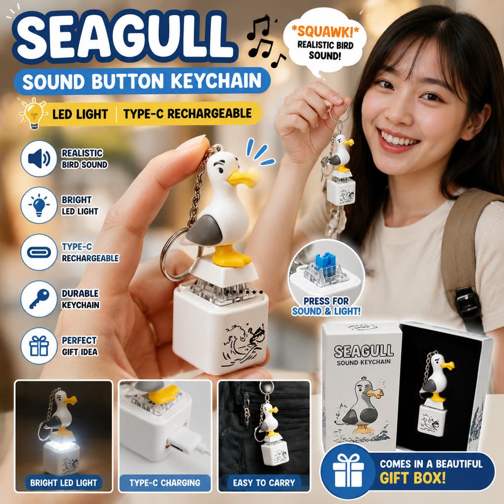 Brinquedo Chaveiro LED Seagull – Botão De Som Interativo Com Bateria Recarregável | Presente Divertido E Fofo Para Crian