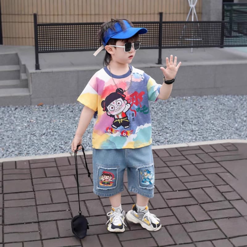 Roupas infantis meninos roupas ternos e ternos Nezha roupas 2026 novo estilo verão na moda legal moda manga curta Tie-Dy