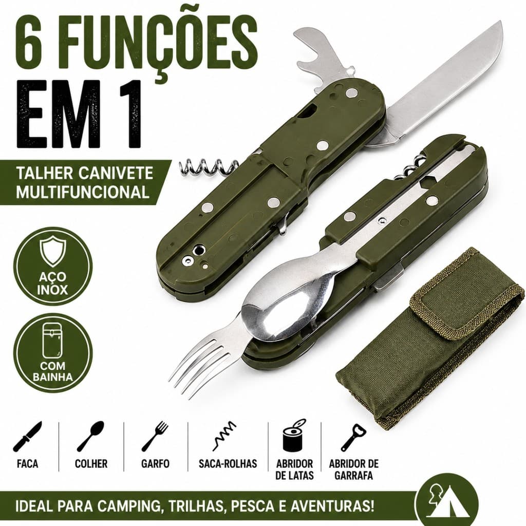 Talher Canivete Multifuncional Camping Inox Garfo Colher Faca Abridor Saca Rolhas Sobrevivência Trilha Pesca