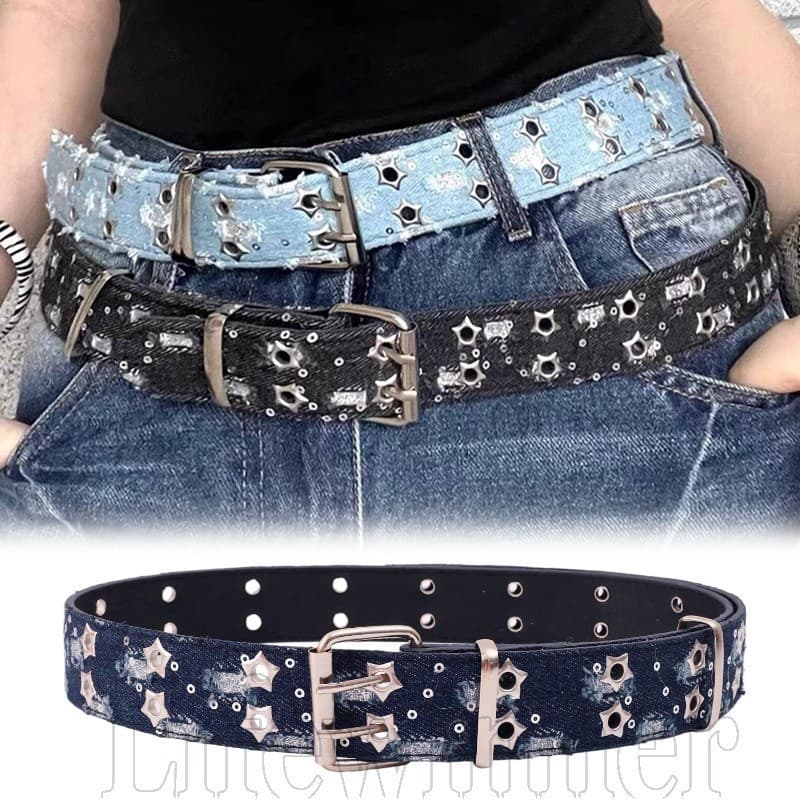 Cinto Duplo Ajustável Com Estrelas Ocas-Jeans Estilo Punk Rock , Fecho De Fivela De Liga , 3 Cores Disponíveis