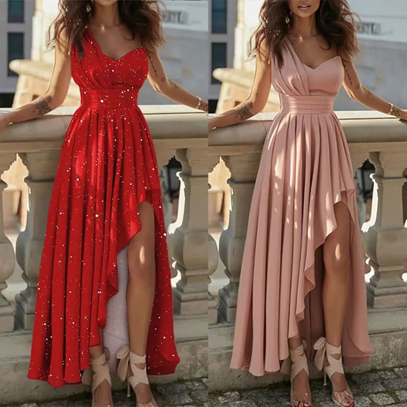 Novo estilo de roupas femininas, elegante, Slim fit, ombro inclinado, cintura estreita, vestido Irregular
