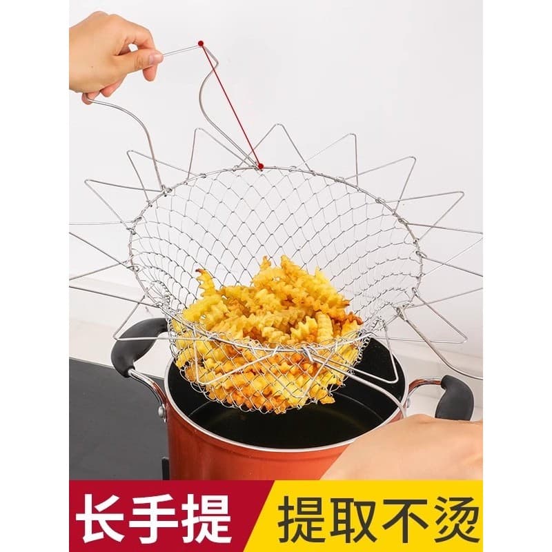 Cesta de fritura dobrável de aço inoxidável 304, malha de fritura, filtro de óleo de cozinha, colher de malha, malha fin