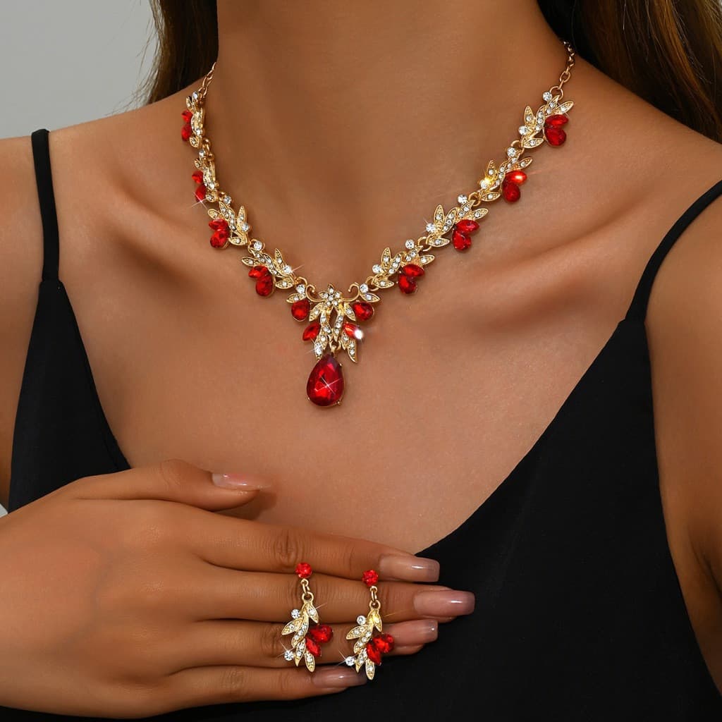 Conjunto elegante de três peças: anel com strass, colar, brincos VIME