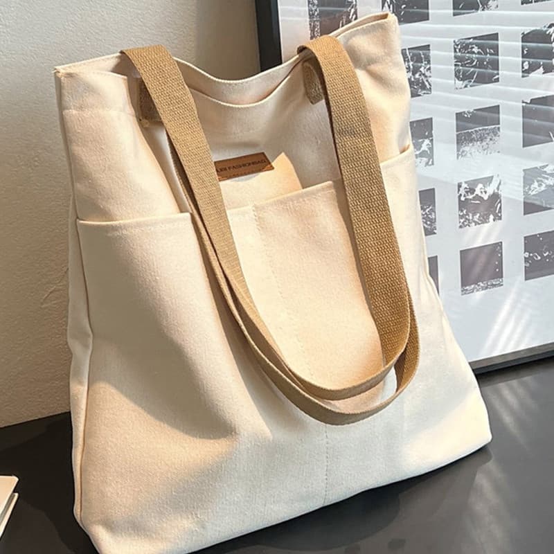 Bolsa Tote Simples de Lona, Grande Capacidade, Bolsa de Ombro com Múltiplos Bolsos para Escola, Viagens, Compras