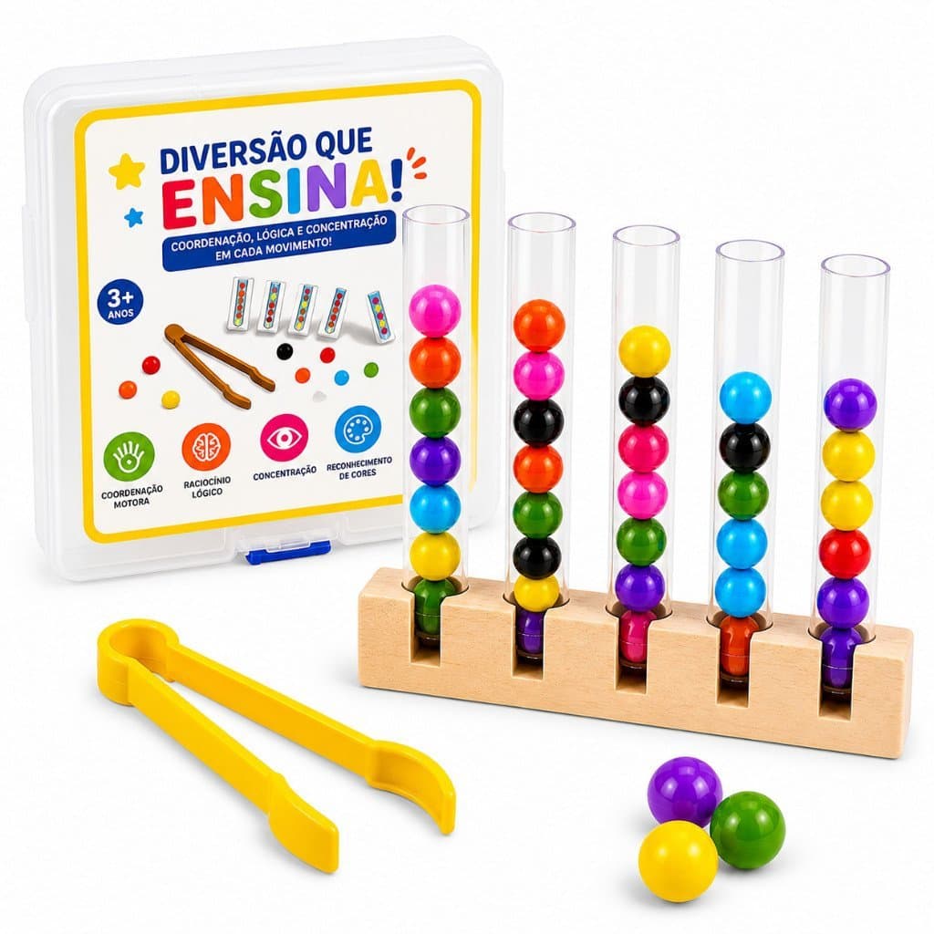 Brinquedo Educacional Montessori para Coordenação Motora, Cores e Lógica, Tubos Interligados para Aprendizagem Infantil