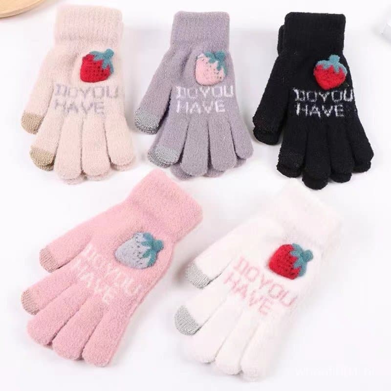 Luvas De Inverno Femininas Morango Touch Screen Fashion Fleece Térmicas Fofas Macias Para Adultos