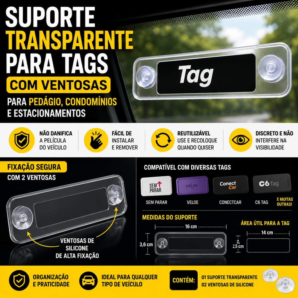 Suporte Transparente para Tag de Pedágio e Condomínio | Porta Tag com Ventosas