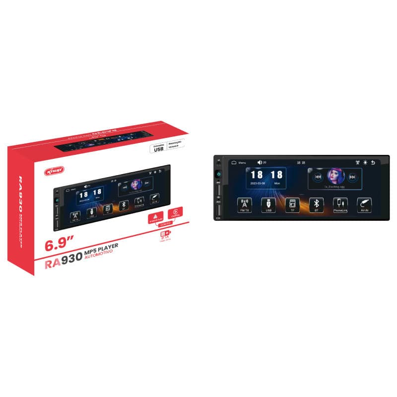 Central Multimídia Tela 6,9" LCD Bluetooth 5.0 USB Knup KP-RA930 - Entrada Para Câmera de Ré