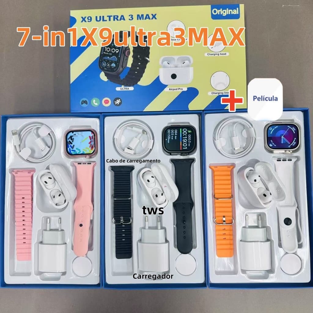 【Combinação 7 em 1】2025 Novo smartwatch X9 Ultra3 MAX 2.2 Polegadas Vem Cabeça De Carregamento E Fones De Ou
