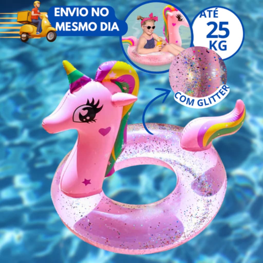 Boia Unicórnio Circular com Glitter Infantil Piscina Praia Verão 90CM Boia Redonda com Brilho para Criança ate 45kg