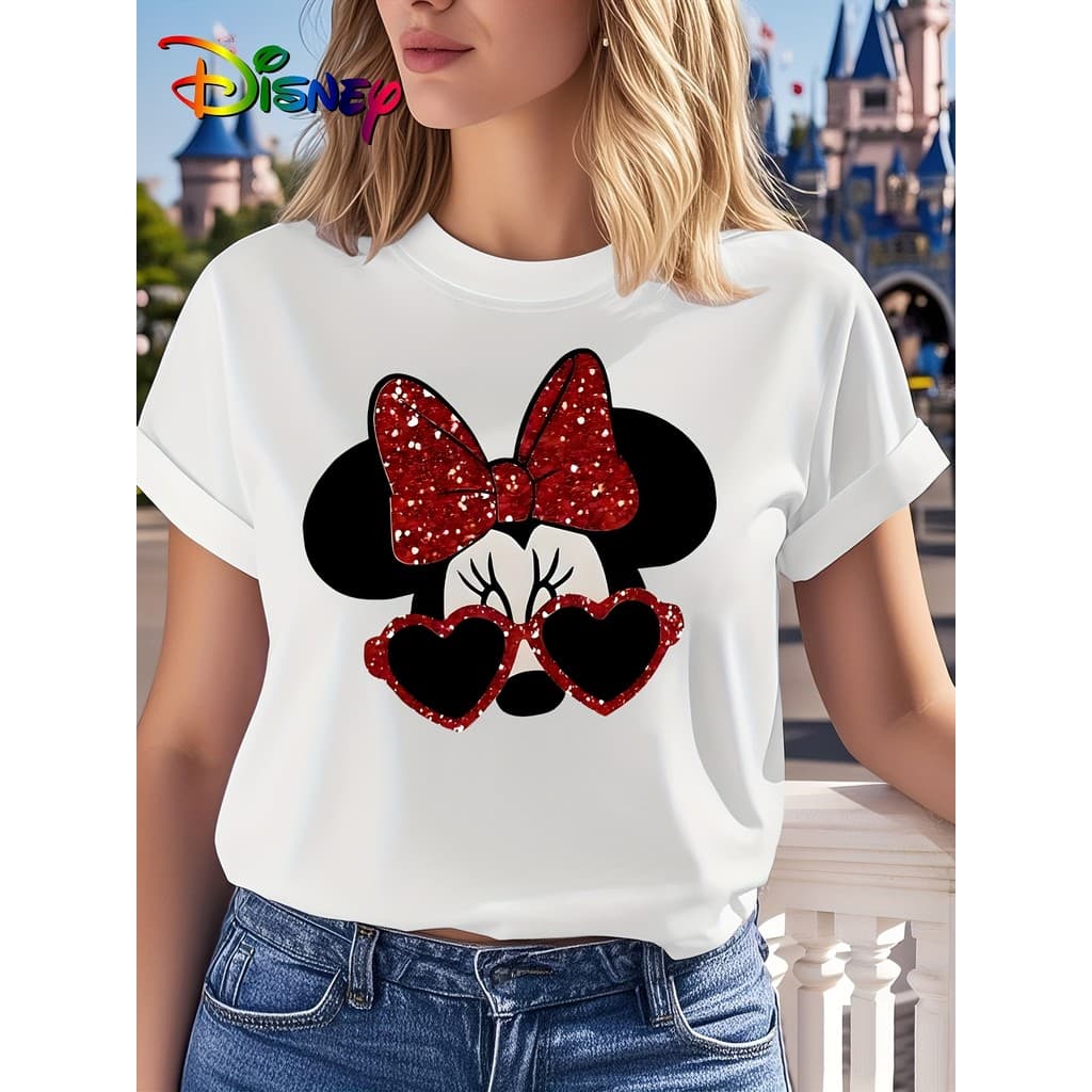 Camiseta Casual Feminina De Algodão Com Laço Vermelho E Estampa De Óculos Em Formato De Coração Da Minnie Mouse