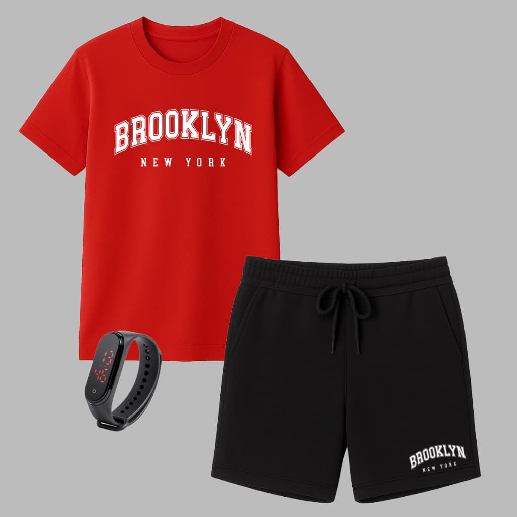 Conjunto Camiseta Masculina Brooklyn e Short Moletinho Várias Cores + Brinde Relógio Promoção Relâmpago