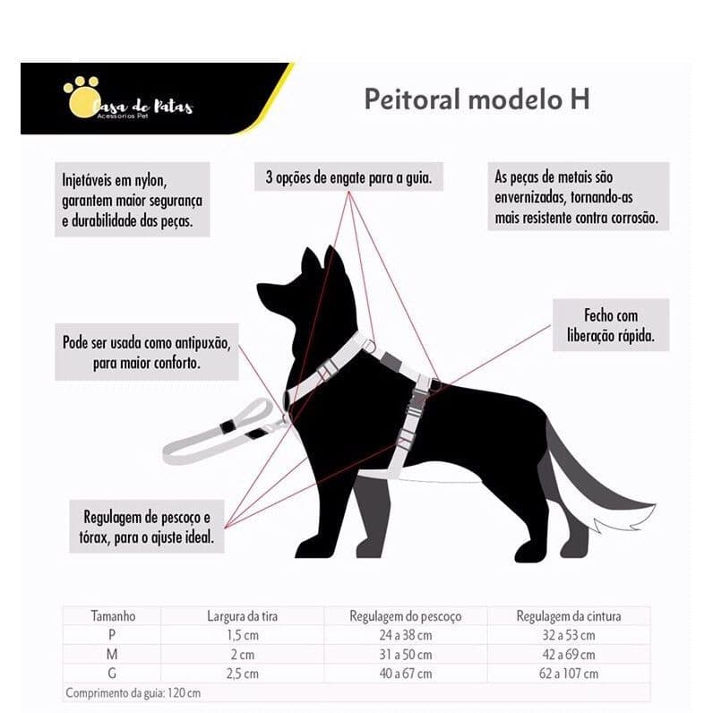 Coleira para Cachorro: Kit Peitoral + Guia  2 Metros modelo H - Tamanho P