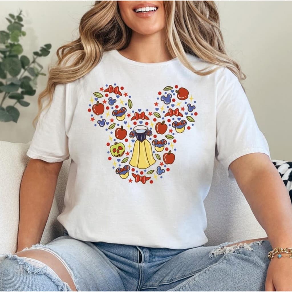 Camiseta Feminina Casual De Algodão Com Estampa De Cabeça De Mickey Mouse Preenchida Por Elementos De Branca De Neve