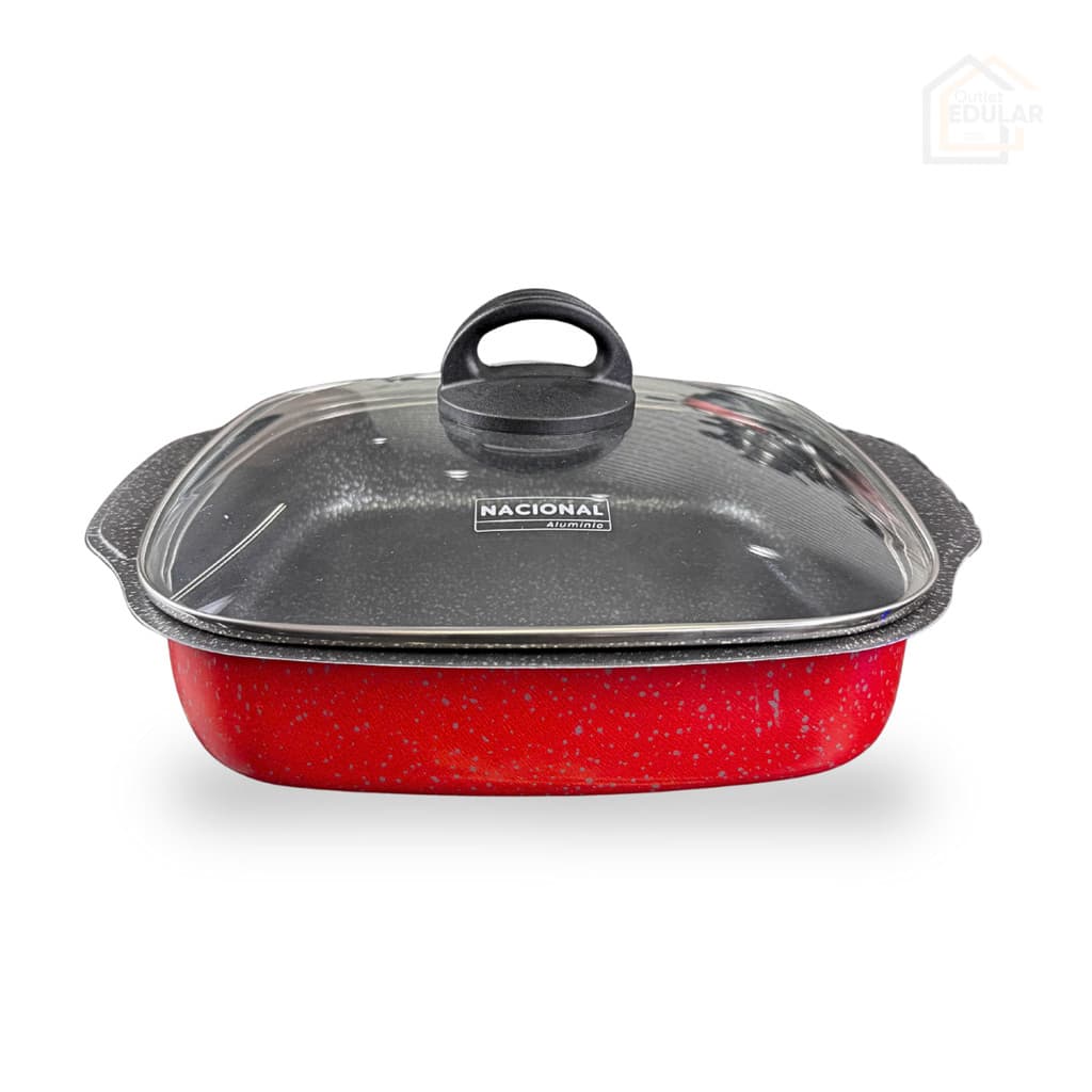 Forma Assadeira Alta 25 cm Quadrada Antiaderente com Tampa de Vidro Cor Vermelha