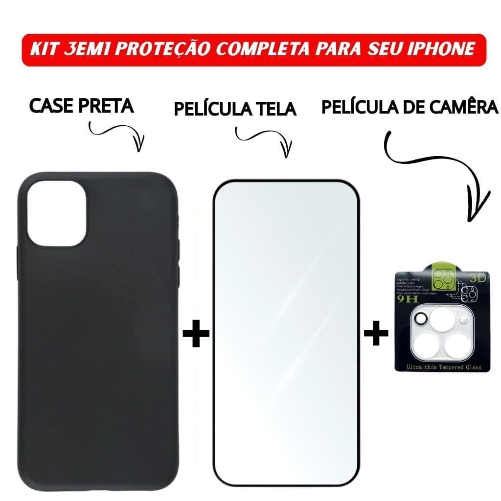 Kit Proteção 3 em 1 Case Preta + Película Vidro Temperado 3D + Película Câmera iPhone 11 12 13 14 15 16 Pro Max