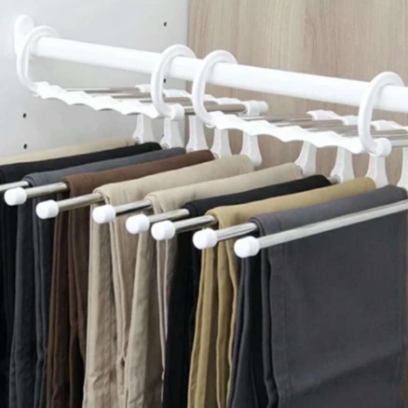 Suporte de armazenamento integrado com design retrátil de 5 camadas para pendurar facilmente várias calças e cachecóis