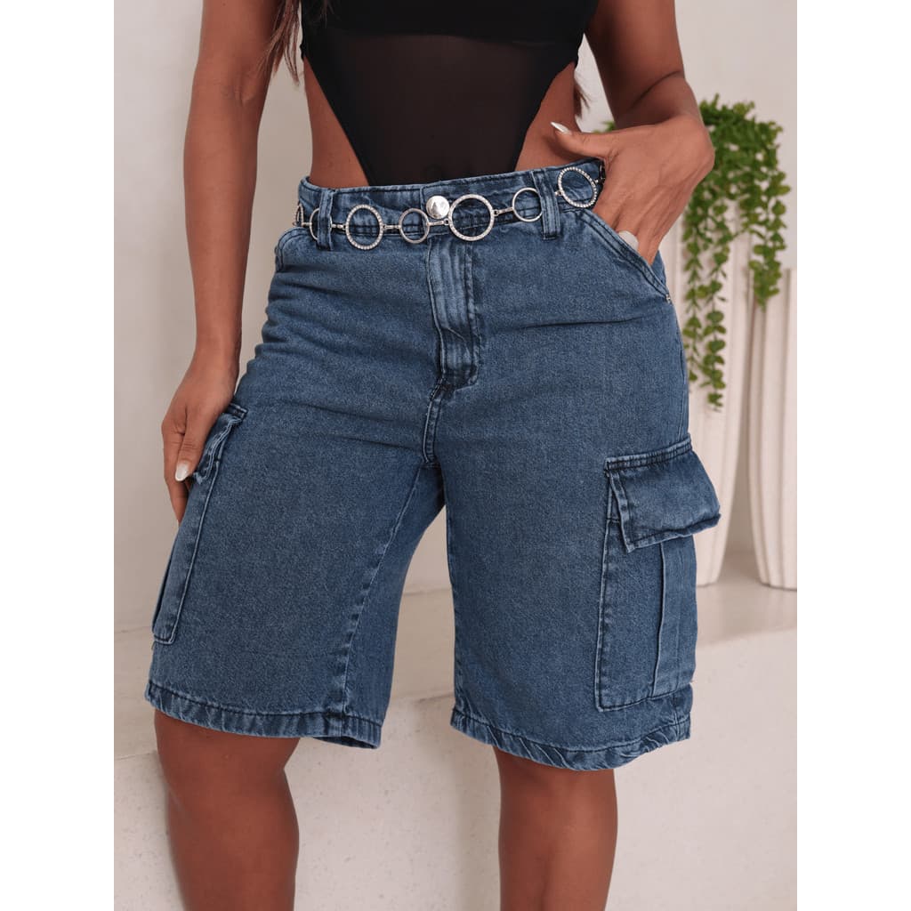 Bermuda Jeans Cargo Feminina Cintura Alta Elegante