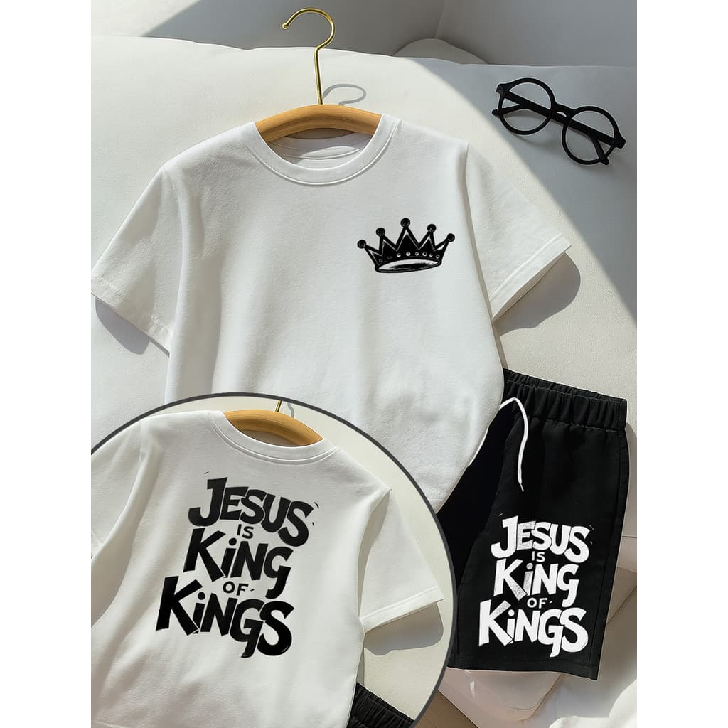 Conjunto Camisa e Shorts para Crianças Gospel Roupa Infantil Juvenil Jesus is King