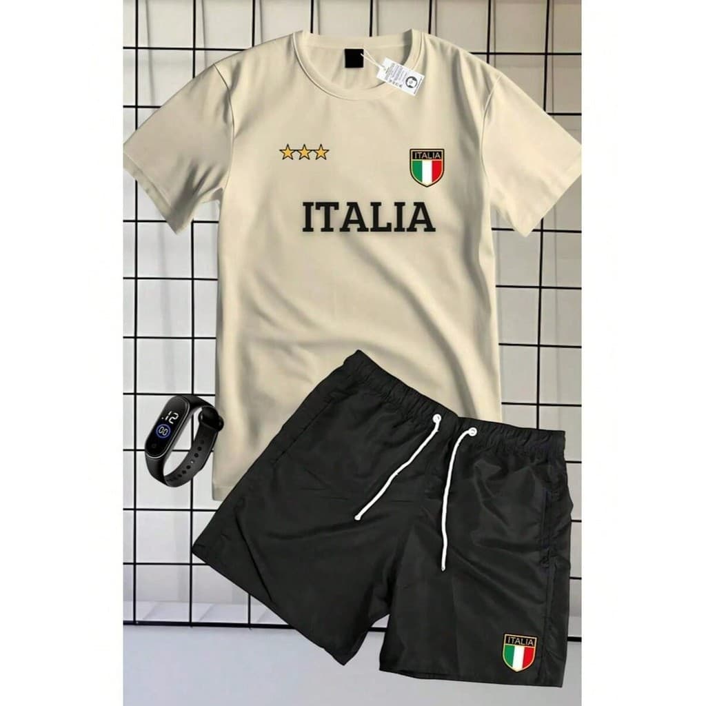 Conjunto Streetwear Italia Camisa 100% Algodão & Short Preto Mauricinho Tactel Masculino