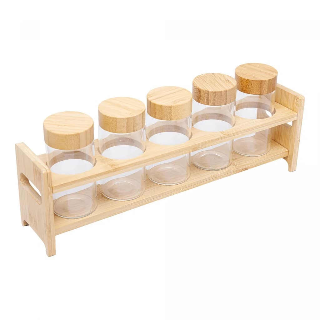 Conjunto 5 Porta Temperos de Vidro Borossilicato com Tampa e Suporte de Bambu 130 ml - Wolff