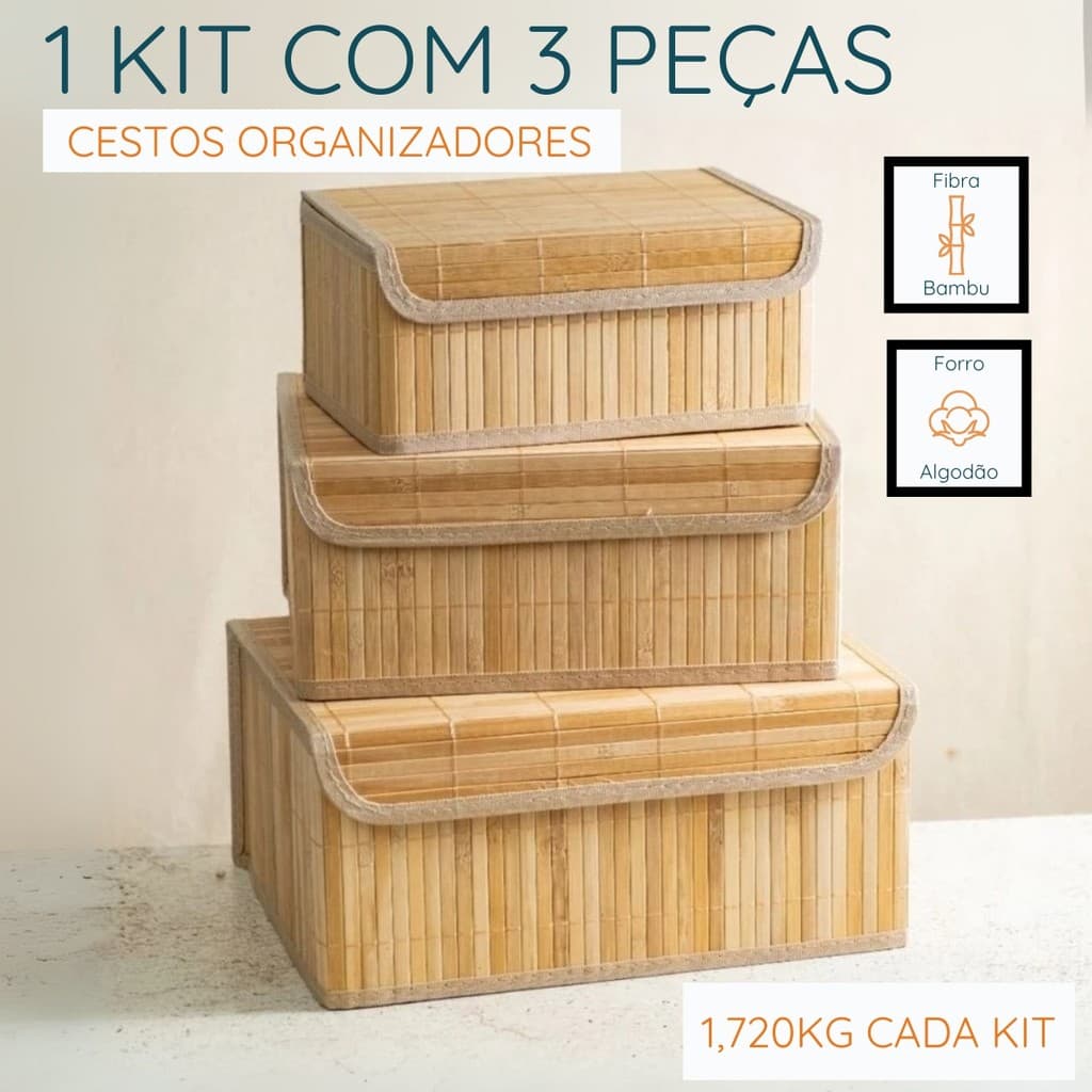 Cesto de bambu Organizador com Tampa Kit com 3. Cesto Multiuso com Forro Cesto de Palha