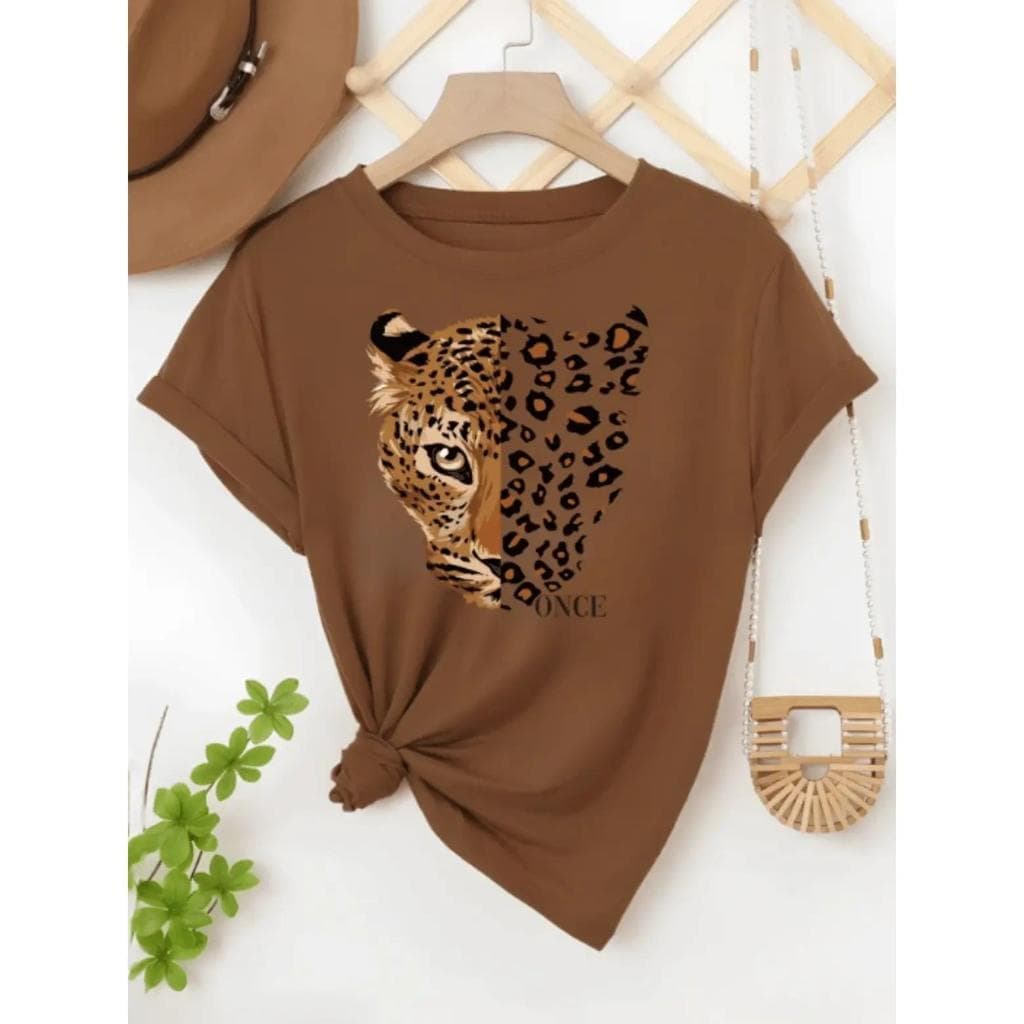 Camiseta Feminina Onça Animal Print 100% Algodão Blusa Casual Estampada Fashion