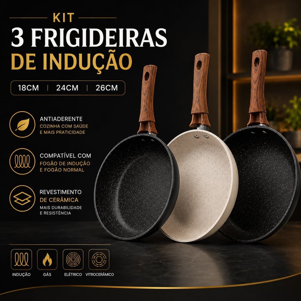 Frigideira Antiaderente de Cerâmica para Fogão de Indução Cabo de Madeira 18cm 24cm 26cm