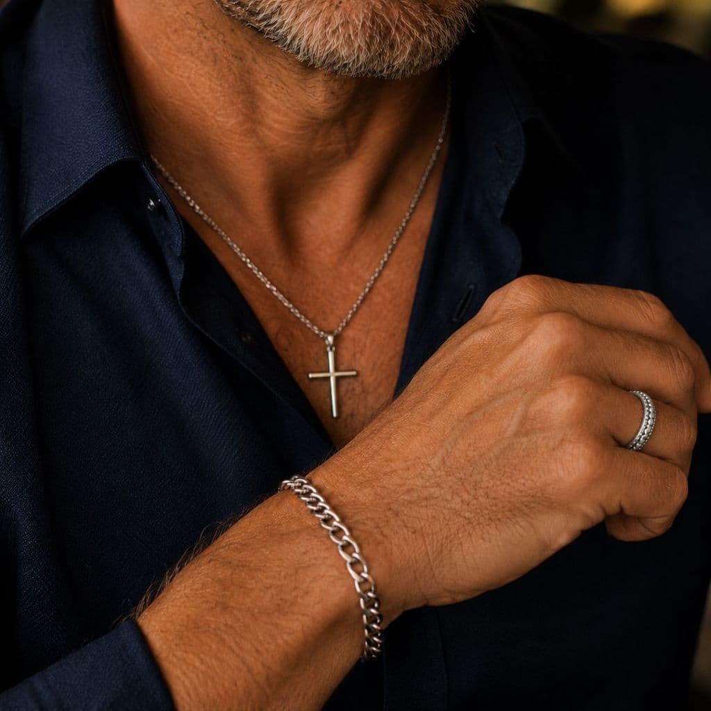 Kit 3 Peças Colar Crucifixo Pulseira Anel Aço Inox Masculino