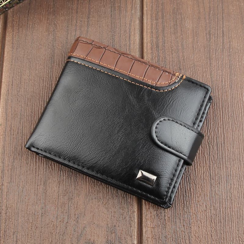 Carteiras Masculinas de Couro Patchwork, Carteira Curta Masculina com Porta-Moedas e Porta-Cartões, Carteira Trifold de