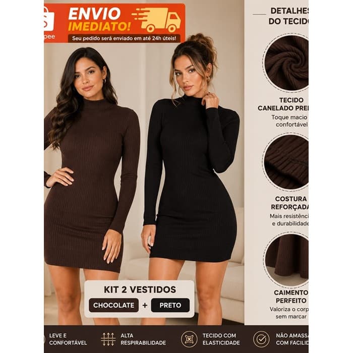 Kit 2 Vestido Canelado Gola Alta e Manga Longa Inverno Frio Elegante Premium
