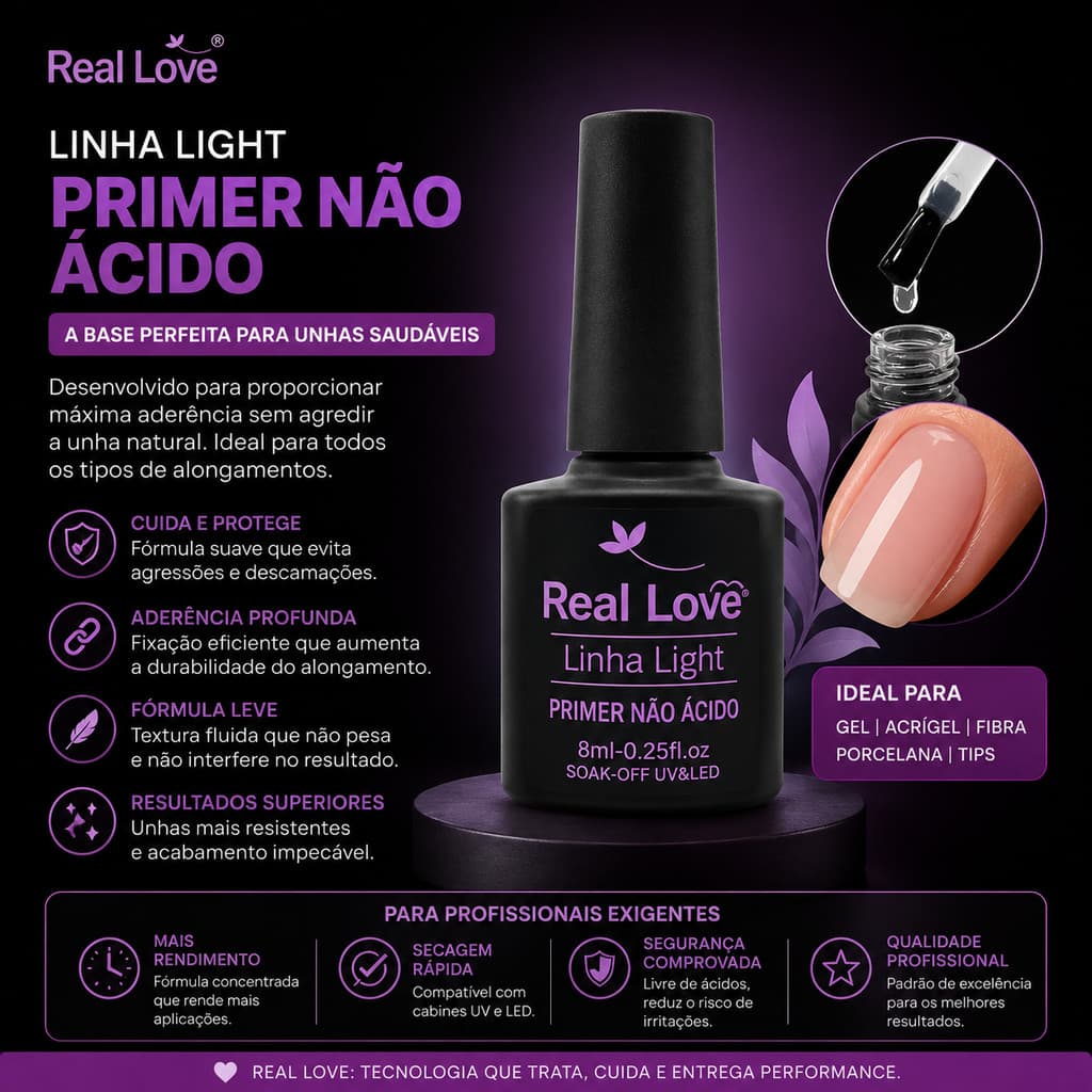 Primer Non Acid Real Love 8ml Adesão Extra Para Alongamento de Unhas Gel Fibra Acrigel UV LED