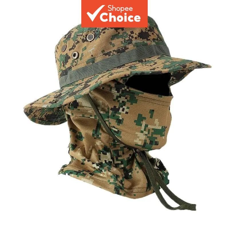 Conjunto de chapéu de pescador camuflado para proteção solar ao ar livre, com viseira redonda e touca de cabeça, máscara