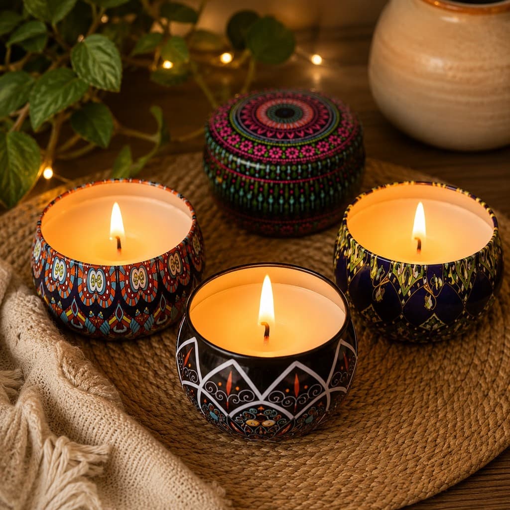 Vela Aromática Decorativa Lata Estampada Mandala 4 Unidades