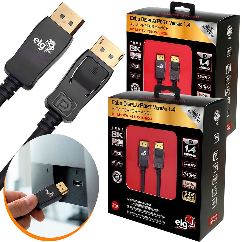 Kit 2x Cabo DisplayPort 2m 8K 4K 144Hz Ultra HD Blindado Gamer Monitor PC Placa Vídeo