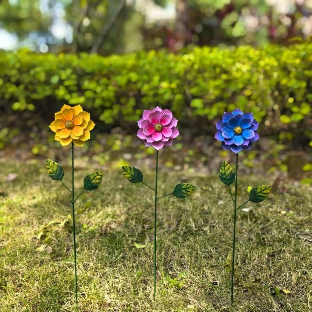 Flores de Metal para Exterior, Conjunto de 3 Estacas Decorativas de Jardim de 15,9'', Arte Floral Colorida para Jardim,