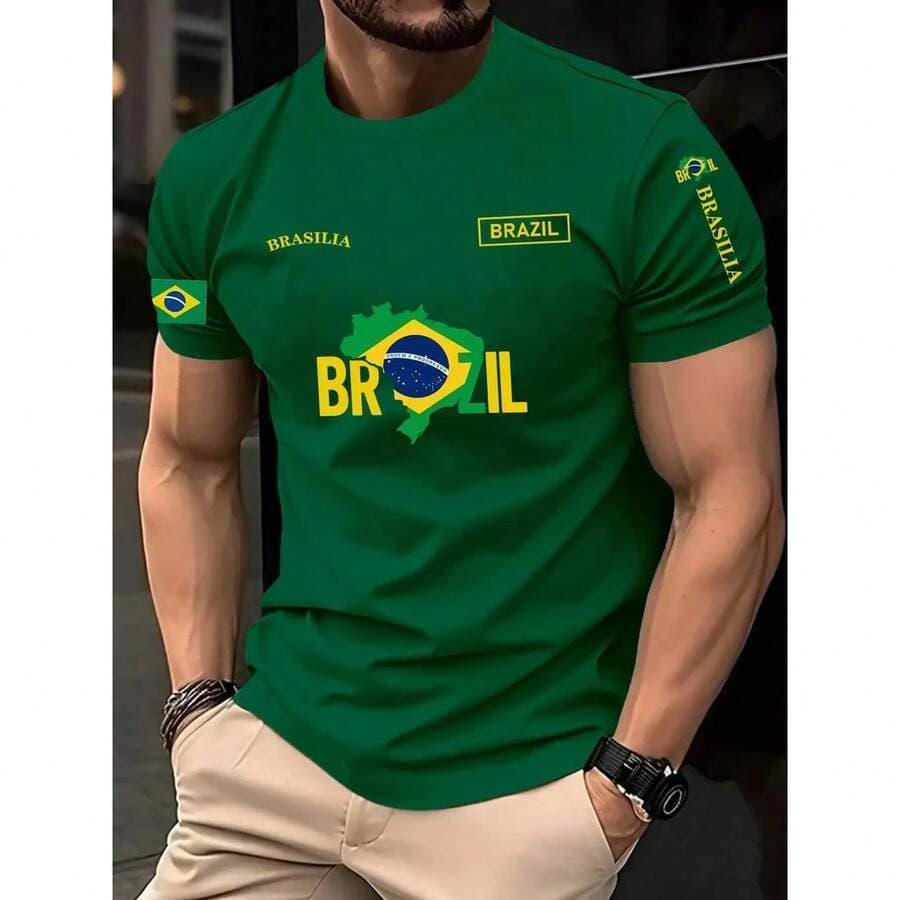 Camiseta Masculina Verde Brasil “Brazil Brasília” com Estampa Mapa e Bandeira