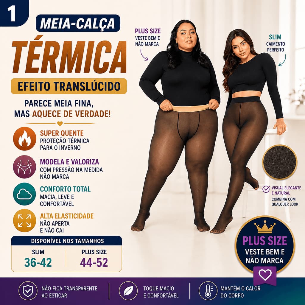 Meia Calça Térmica Efeito Transparente Forrada com Lã Slim e Plus Size