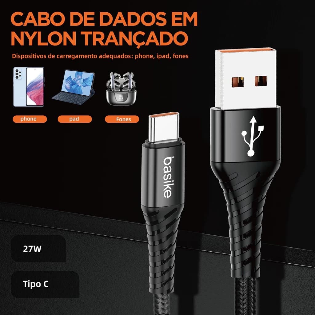Basike 27W Cabo Usb Tipo C Carregamento Rápido Turbo Reforçado Compatível com iPhone Samsung Xiomi Motorola