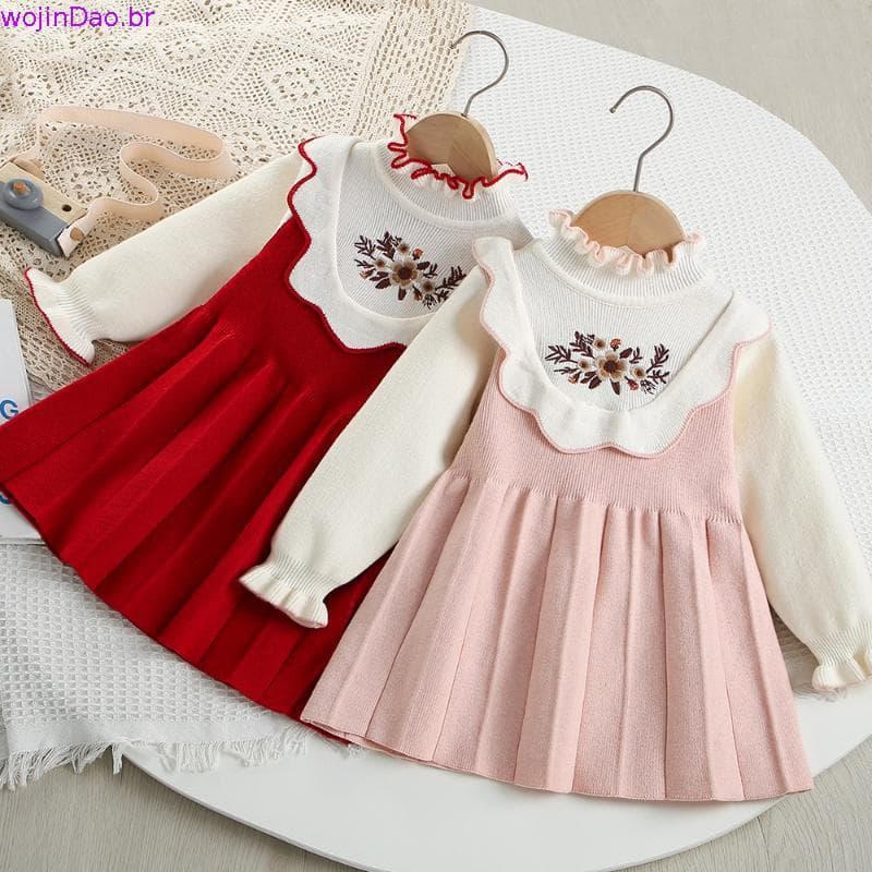 Urso Líder Outono E Inverno Flor Bordado Menina Csola Vestido Versão Coreana Plissado Ano Novo Natal Crianças Roupas
