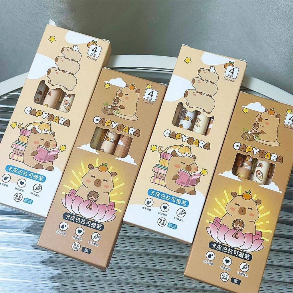 KIT CI3A 4 CANETAS APAGÁVEIS CAPYBARA |         MATERIAIS ESCOLARES |         Material de escritório fofo |         PRES