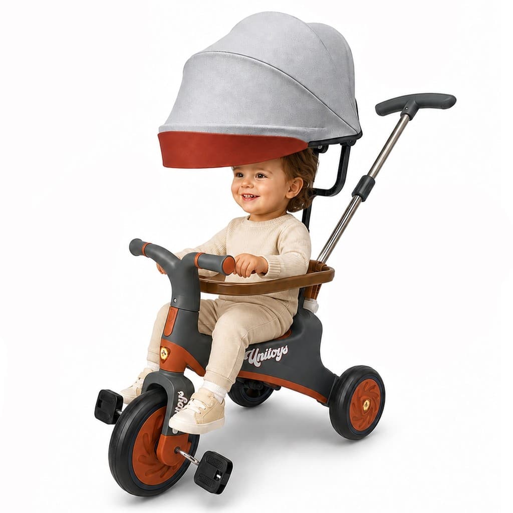 Carrinho de Passeio Bebê Triciclo Vintage Infantil Com Capota E Haste Empurrador Até 25 Kg - Unitoys