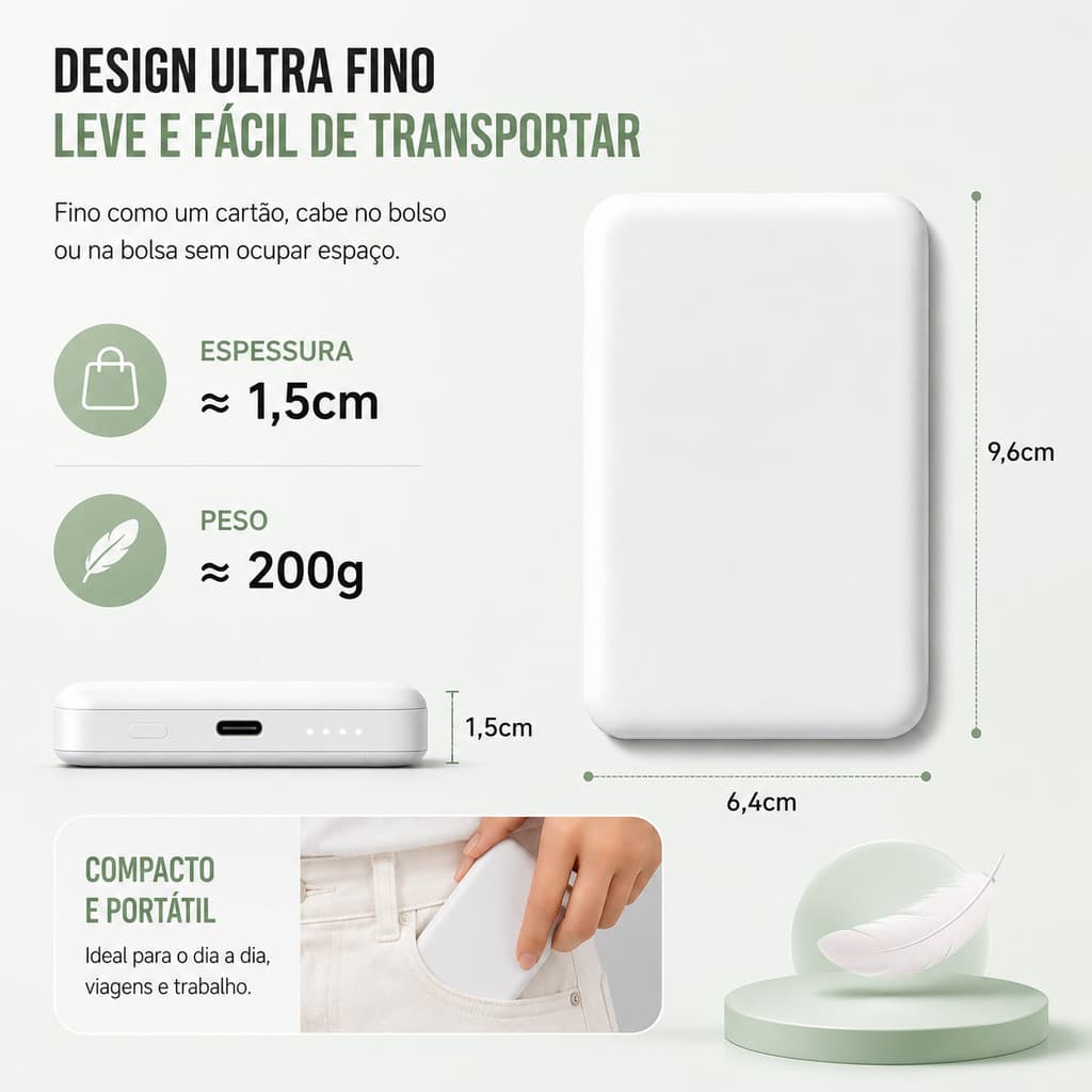 Ultra Slim Bateria Imantada 10000mAh, Recarga 15W, Uso para iPhone 12~17 em Viagens Aéreas