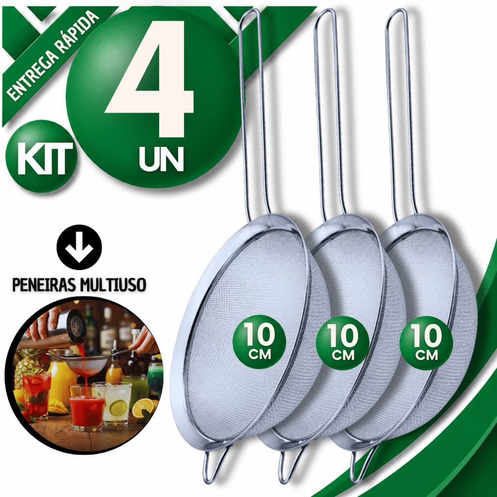 Kit Peneiras Aço Inox Profissional 10 Cm Reforçada Farinhas Coar Líquidos Molhos Cozinha Praticidades