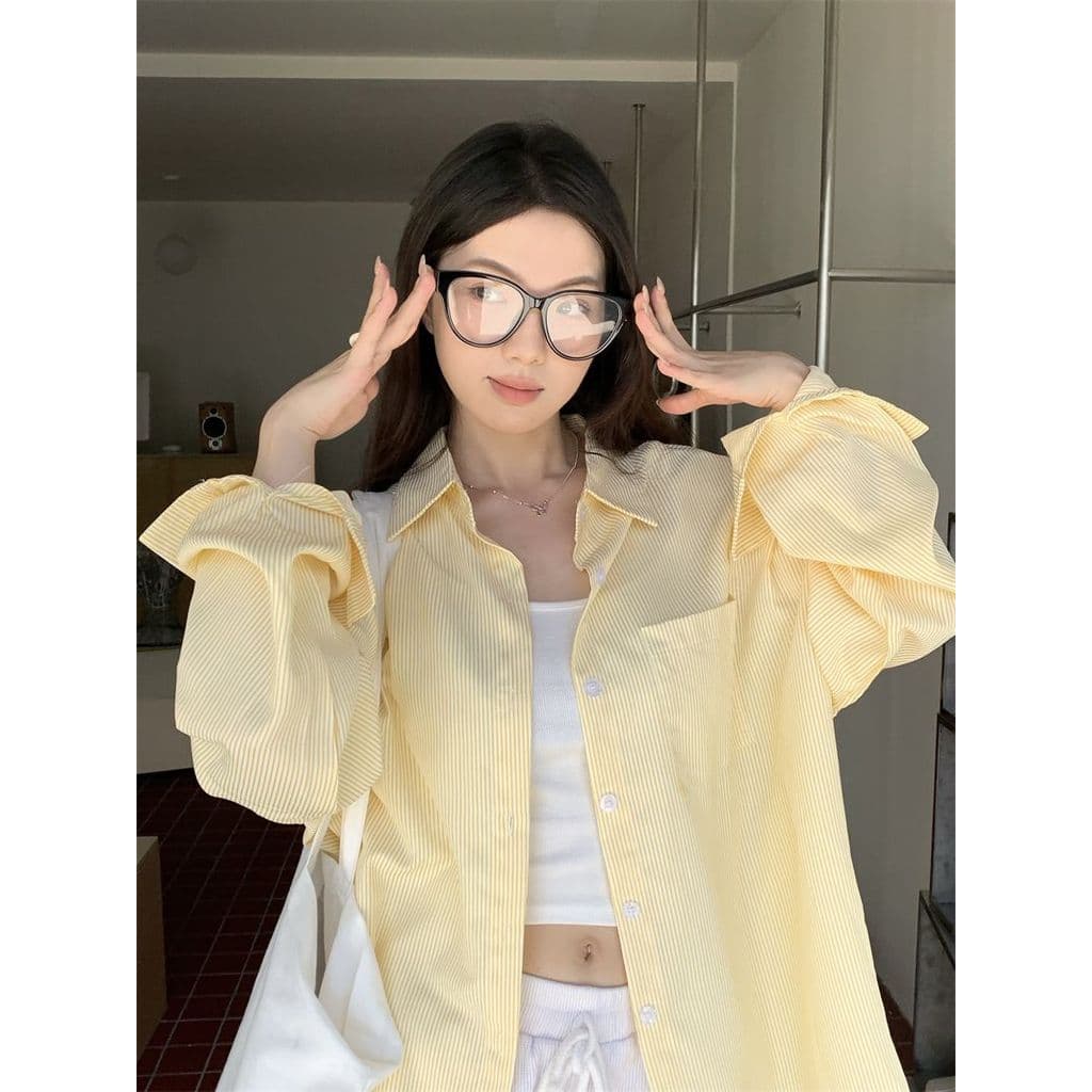 Camisa listrada estilo coreano amarelo feminina outono doce Design Casual camisa solta jaqueta