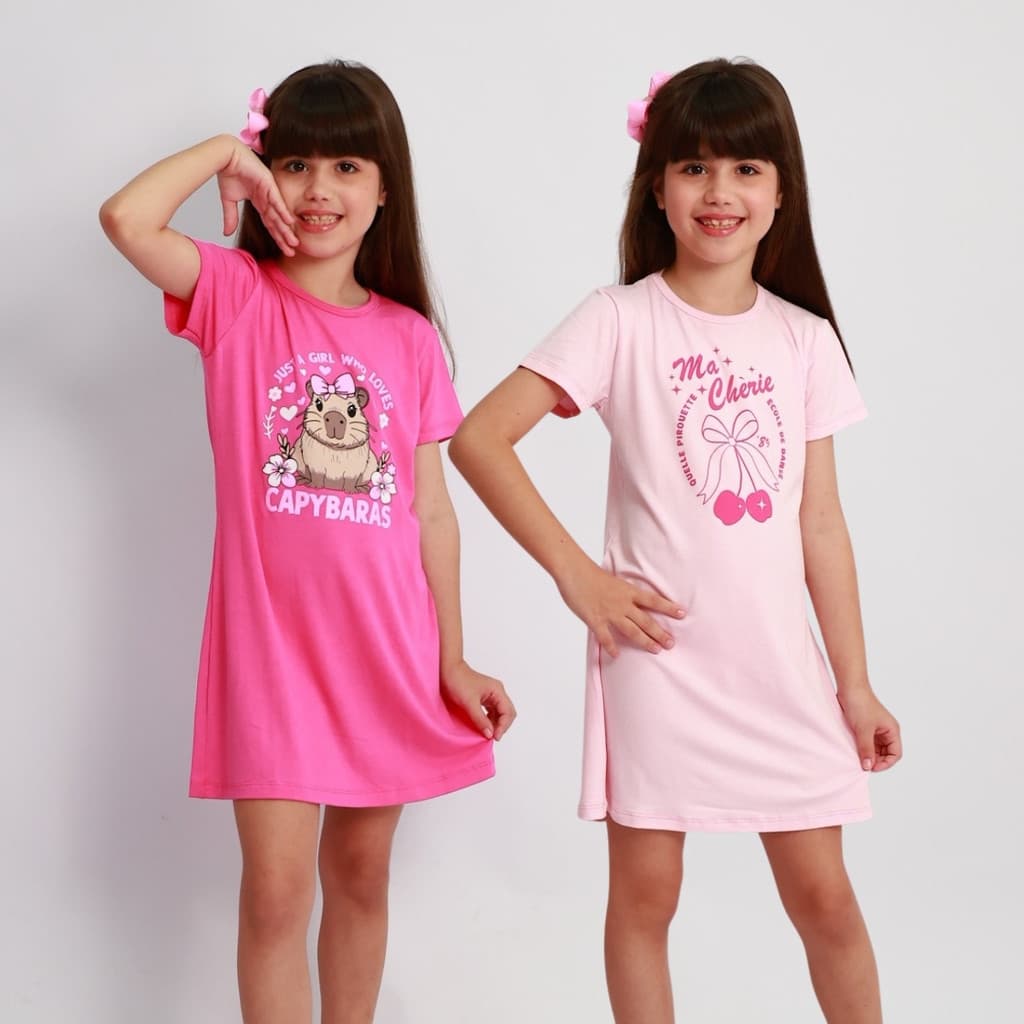 Kit 2 Vestidos Infantis Menina Estampado Manga Curta Verão ENVIO CORES E ESTAMPA SORTIDAS