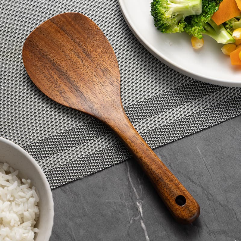 Colher de arroz de madeira para uso doméstico, panela antiaderente de teca Natural