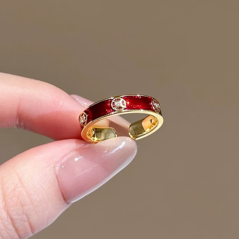 [Estoque pronto] Anel de moeda de cobre prateado com zircônia de gotejamento de óleo vermelho feminino 2026 anel de dedo