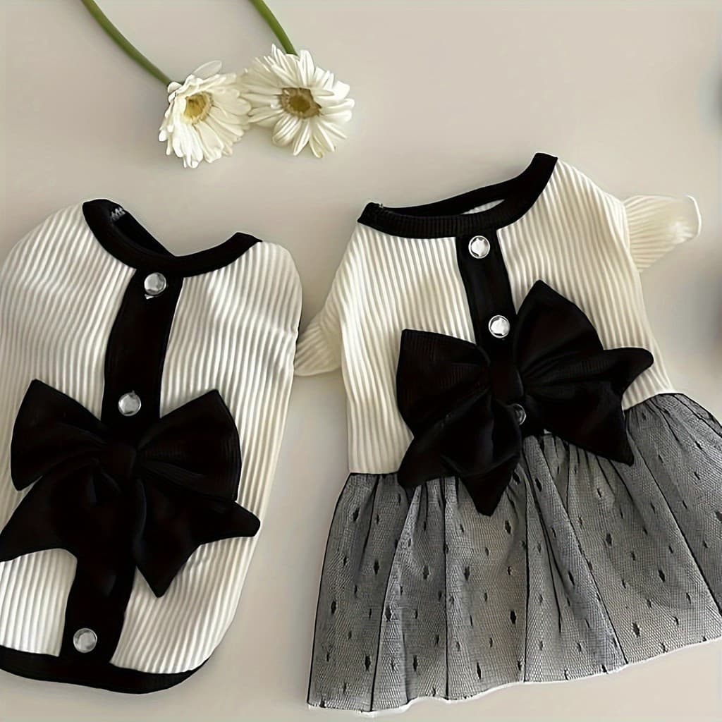 Roupa Retrô de Primavera e Verão para Casal, Saia com Laço, Roupas para Cães Pug e Urso Teddy, Roupas para Gatos de Esti