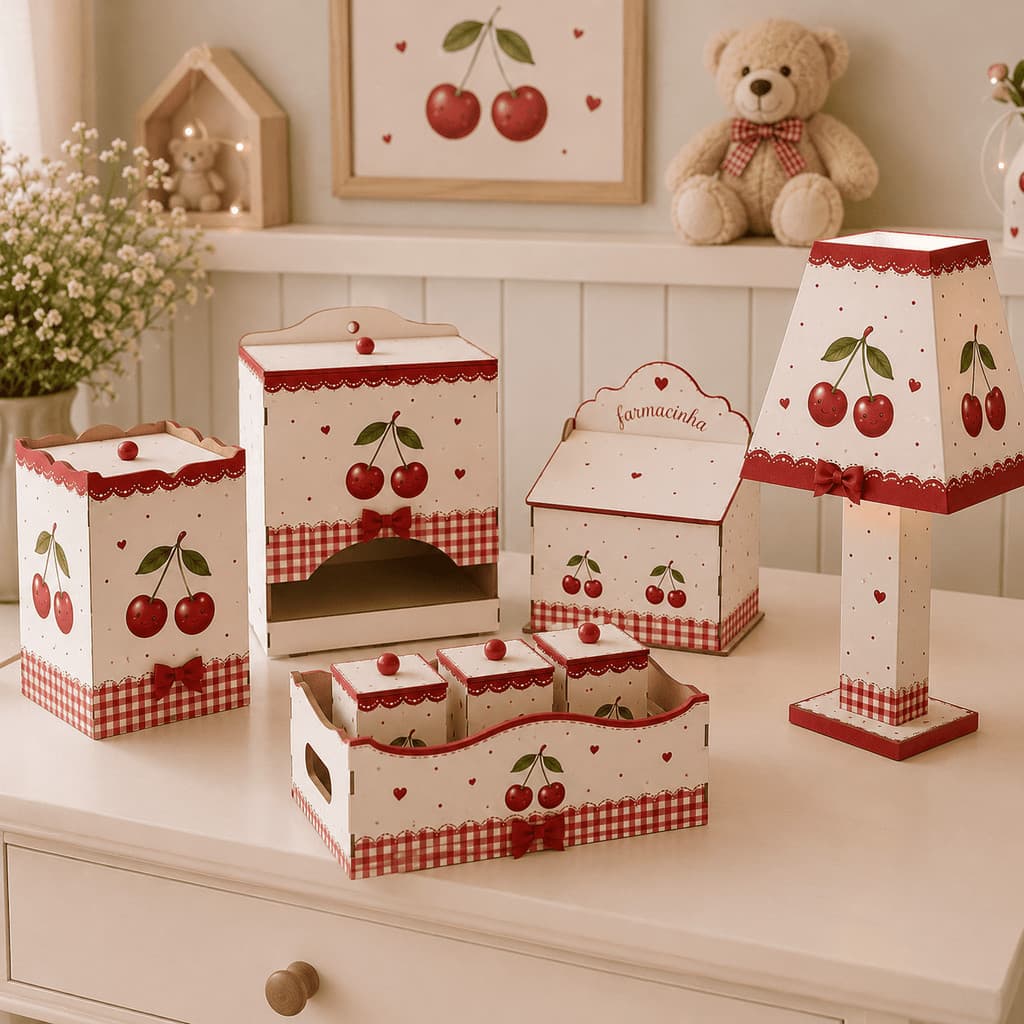 Kit Higiene Bebê MDF 8 Peças Tema Cereja Completo Quarto Bebê Menina